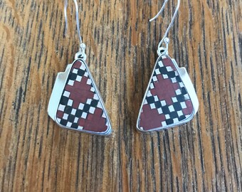 Lapidario Barrera 950 Fine Silver and Checkered Pottery Shard Dangle Earrings