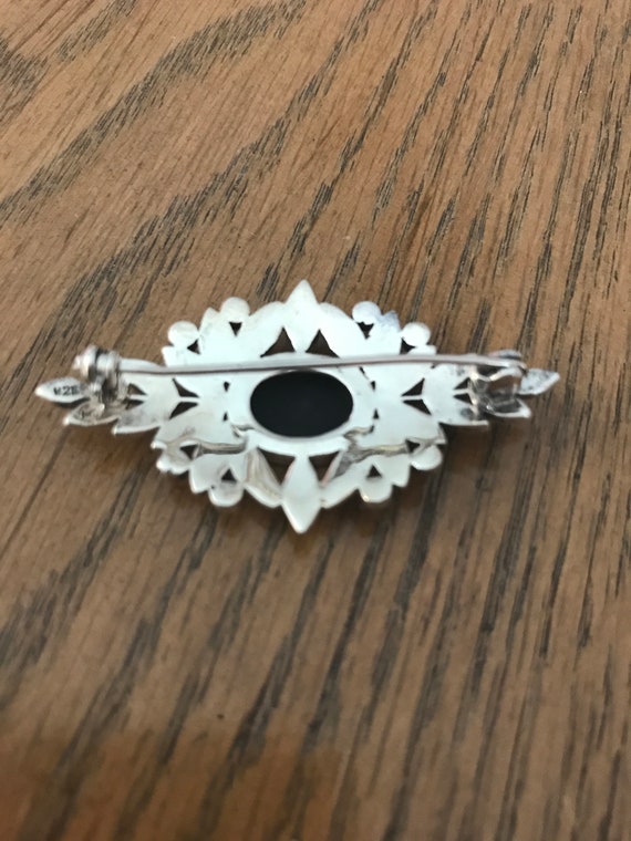 Sterling Silver Onyx and Marcasite Brooch - image 3