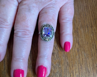 Sterling Silver Amethyst and Marcasite Art Deco style Ring, size 7 1/4, 925 Thailand