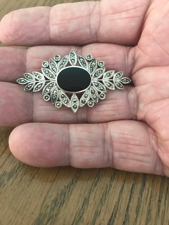 Sterling Silver Onyx and Marcasite Brooch - image 4