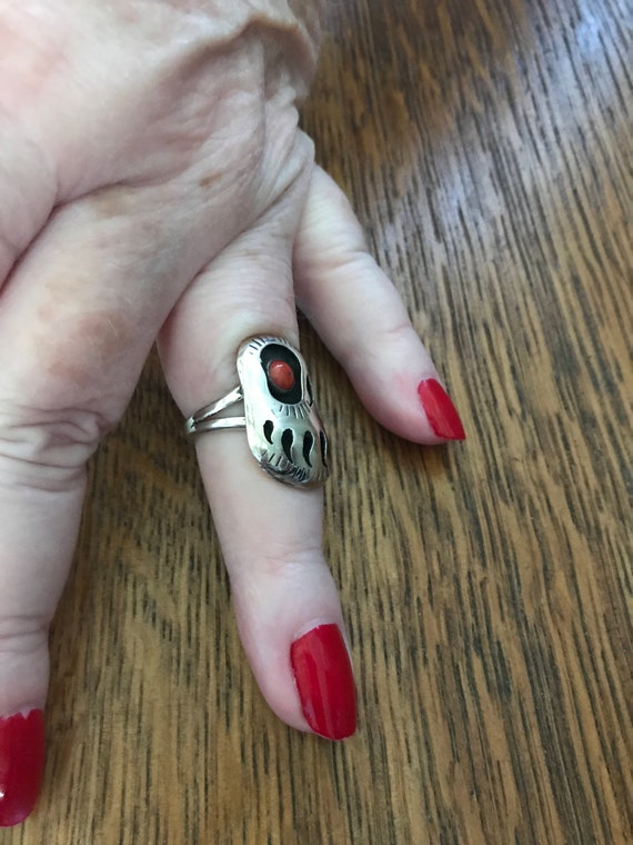 Zuni Sterling Silver and Red Coral Bear Claw Ring… - image 3
