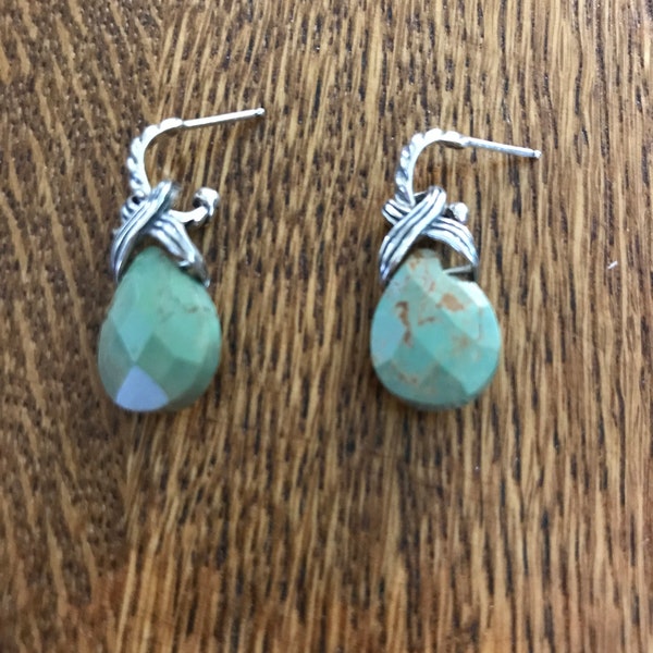 Carolyn Pollack Sterling Silver and Green Turquoise Faceted Teardrop Dangle Earrings