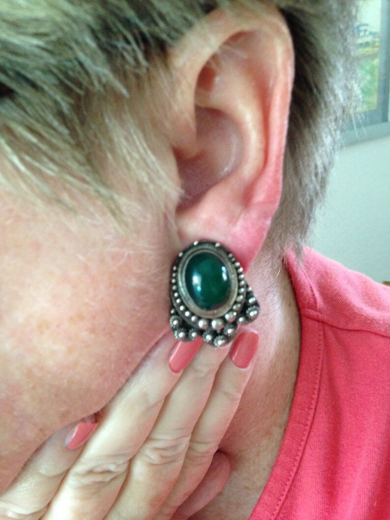 Old Pawn Silver and Jade Clip Earrings