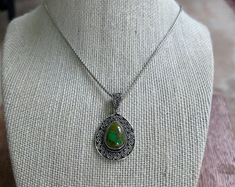 Sterling Silver and Gaspeite or Green Turquoise Pendant Necklace 17”