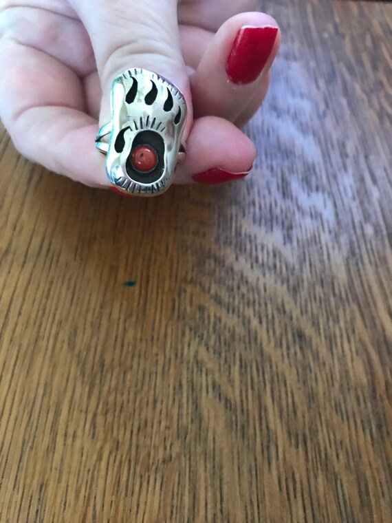 Zuni Sterling Silver and Red Coral Bear Claw Ring… - image 5