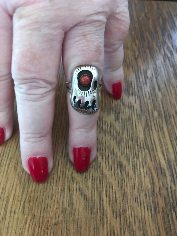 Zuni Sterling Silver and Red Coral Bear Claw Ring… - image 2