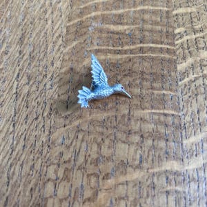 May include: A silver-colored hummingbird brooch with outstretched wings and a red eye. The brooch is detailed with textured feathers and is set against a wooden background.