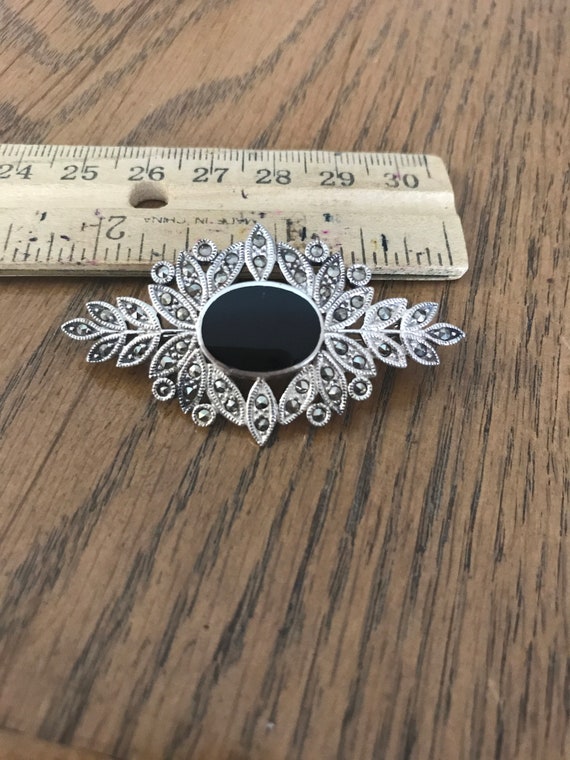 Sterling Silver Onyx and Marcasite Brooch - image 2