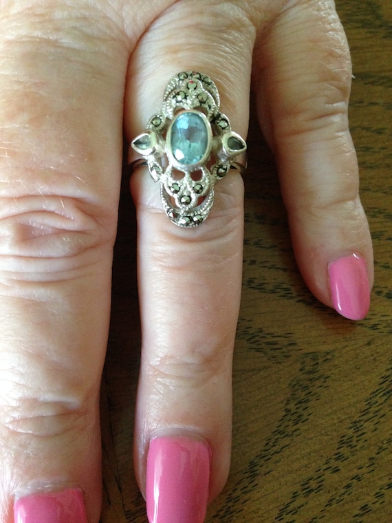 Sterling Silver Blue Topaz  and Marcasite Ring - image 1