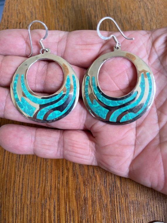 Sterling Silver and Turquoise Inlay Dangle Earrin… - image 4