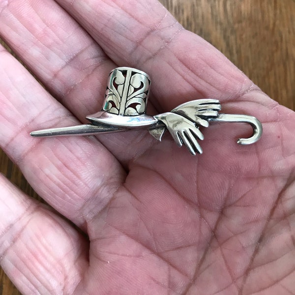 Jezlaine Sterling Silver Brooch of Hat, Glove and Cane