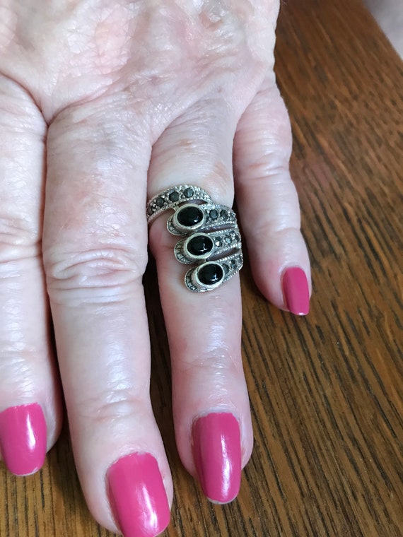 Sterling Silver and Onyx Ring with Marcasites - image 2