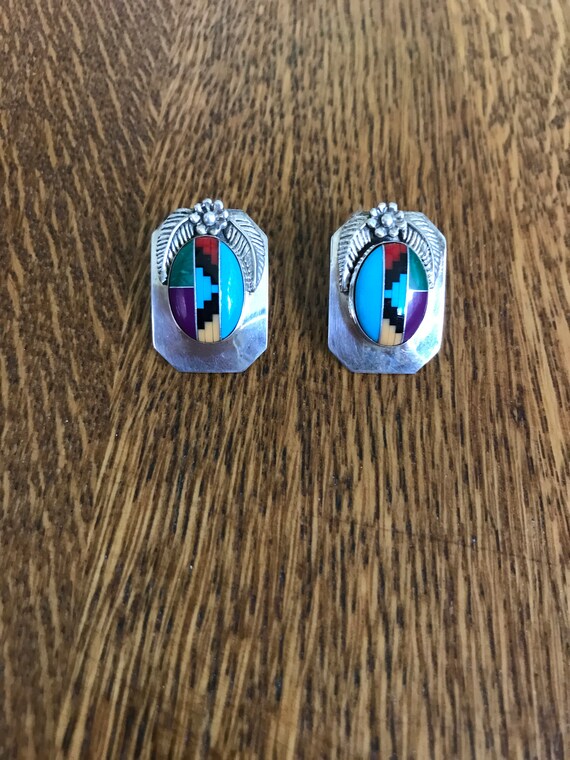 Native American Sterling Silver Turquoise Onyx Coral inlay Stud Earrings