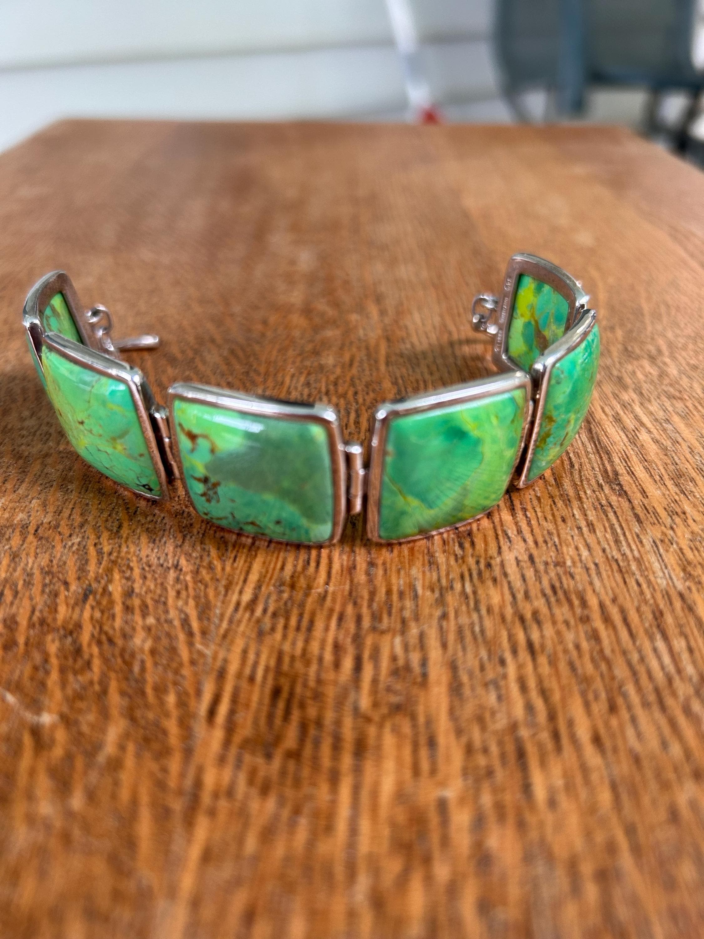 Barse Sterling Silver and Gaspeite Link Bracelet measuring approx 7” long and 7/8”, marked 925