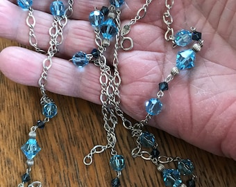 Sterling Silver and Blue Crystal Necklace 48”