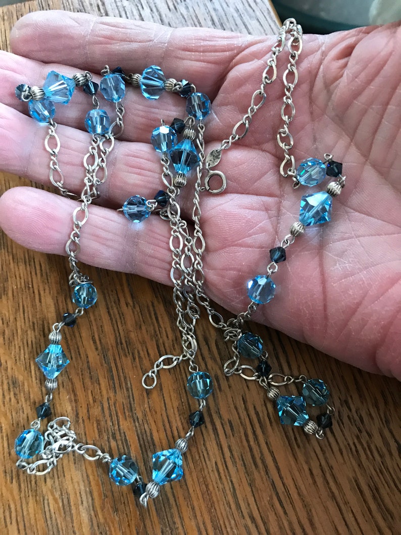 Sterling Silver and Blue Crystal Necklace 48\u201d