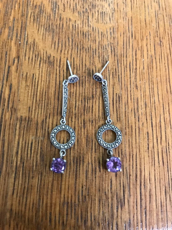 Sterling Silver Amethyst and Marcasite Dangle Earr