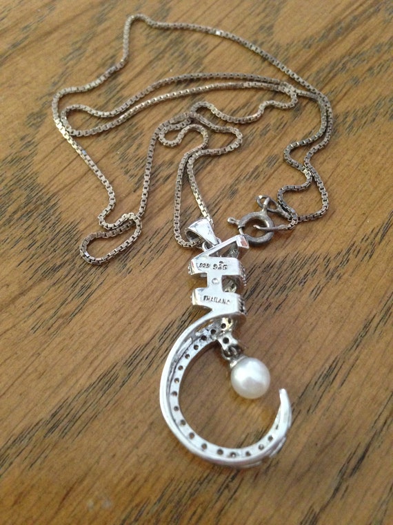Sterling Silver Pearl and White Stones Pendant Ne… - image 2