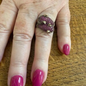 Sterling Silver and Rubies Panther Cat Wrap around Ring, 7 1/2