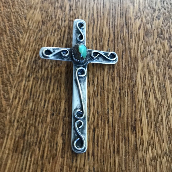 Native American Old Pawn Silver and Turquoise Cross Pendant