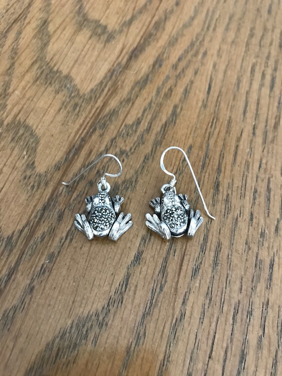 Sterling Silver and Marcasite Frog Dangle Earrings - image 1