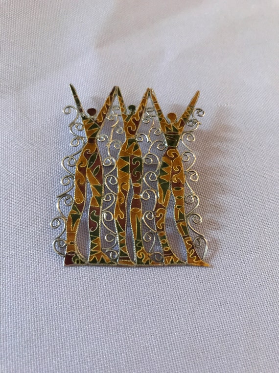 Modernist Sterling Silver and Enamel People Brooch