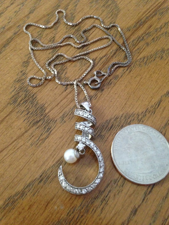Sterling Silver Pearl and White Stones Pendant Ne… - image 3