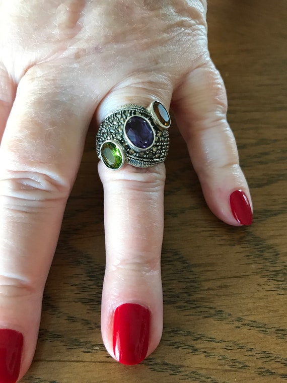 Sterling Silver Amethyst Peridot and Citrine Ring… - image 1