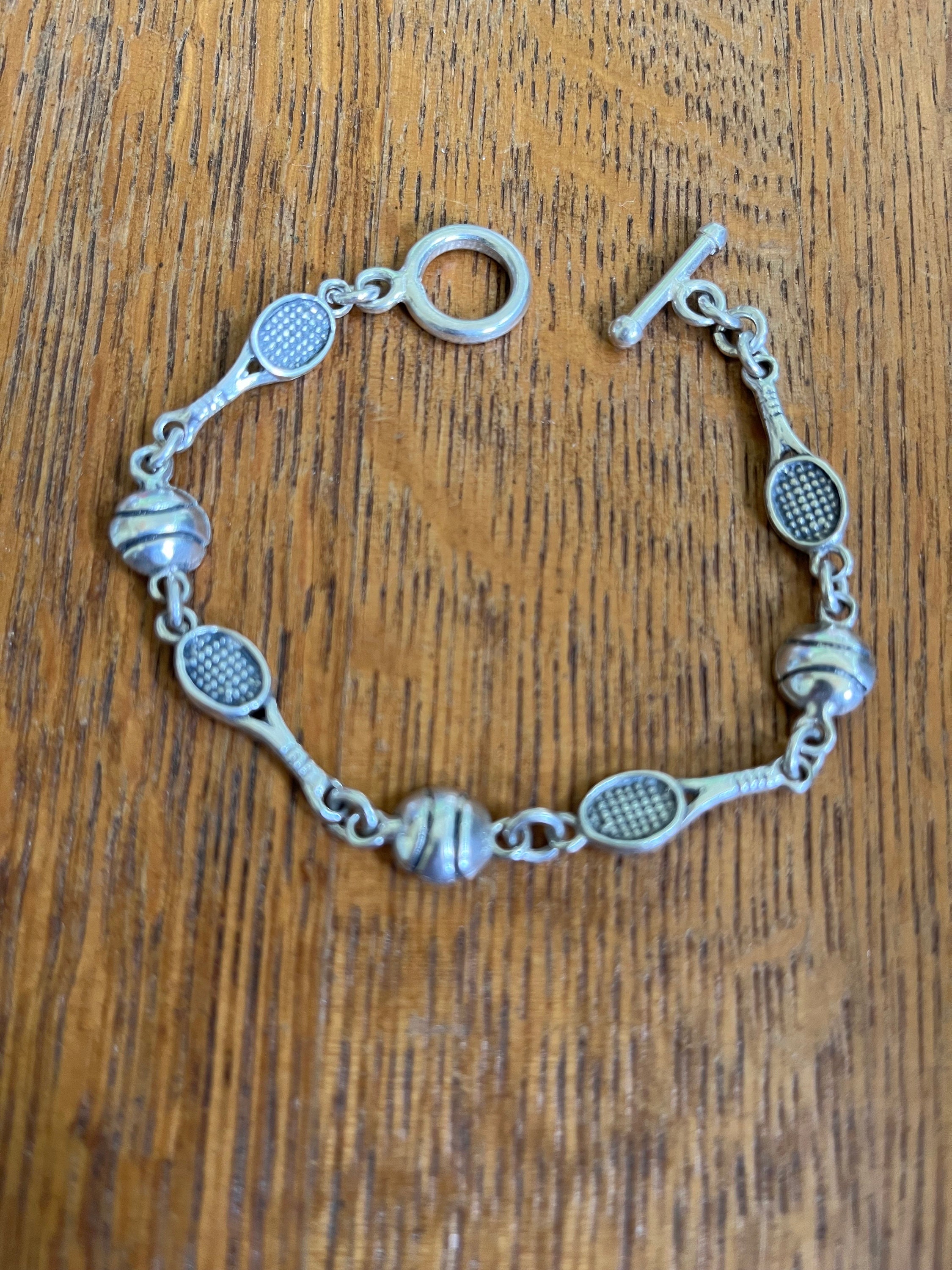Sterling Silver Tennis Rackets and Balls Link Bracelet, 7 1/2”