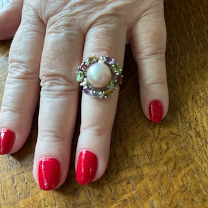 Sterling Silver Pearl and Semi-Precious Stones Ring, 7