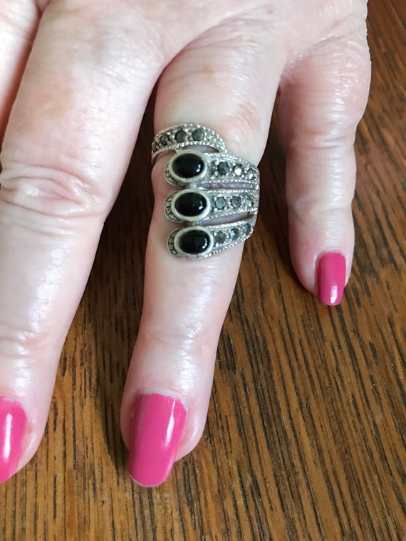Sterling Silver and Onyx Ring with Marcasites - image 1