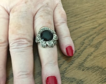 Sterling Silver Onyx and Marcasite Ring, 7