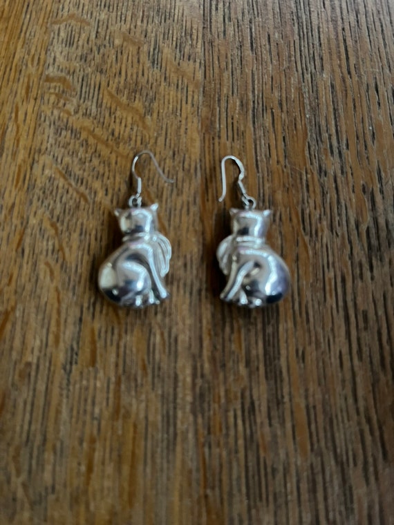 Sterling Silver Cat Dangling Earrings - image 2