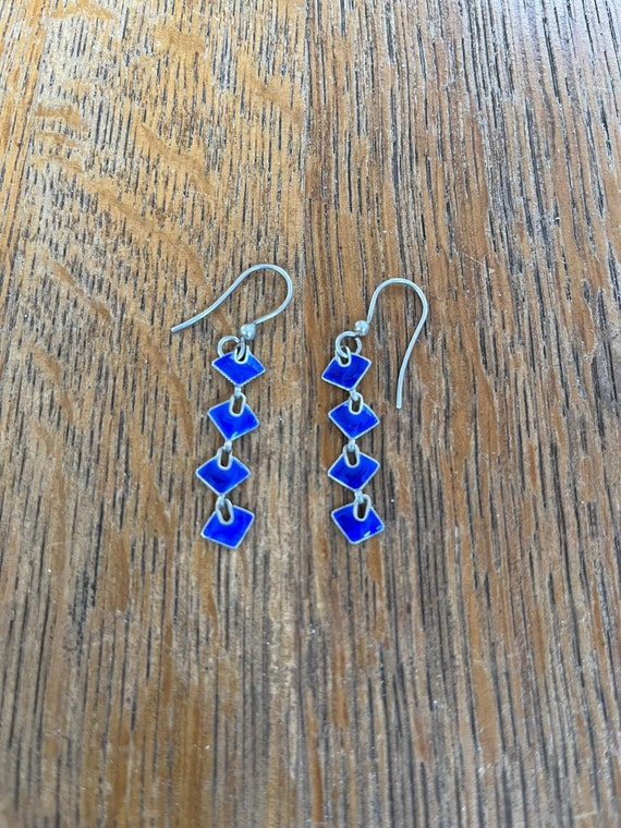 Sterling Silver and Blue Enamel Dangle Earrings