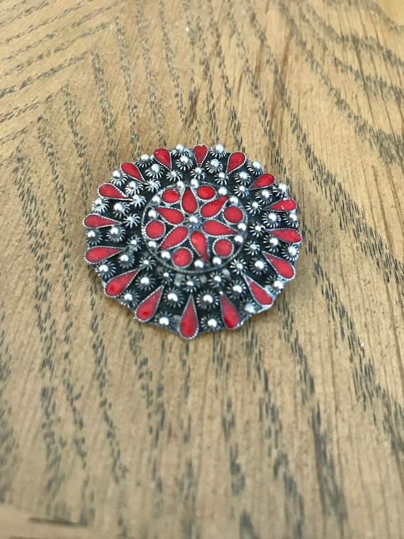 Persian 950 Fine Silver and Red Enamel Brooch
