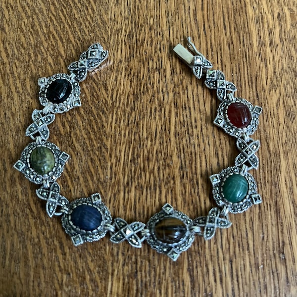 Sterling Silver and Carved Scarab Multi stone Link Bracelet with Marcasites, 7 1/2”