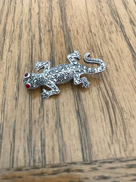Sterling Silver Marcasite Lizard with Ruby Eyes