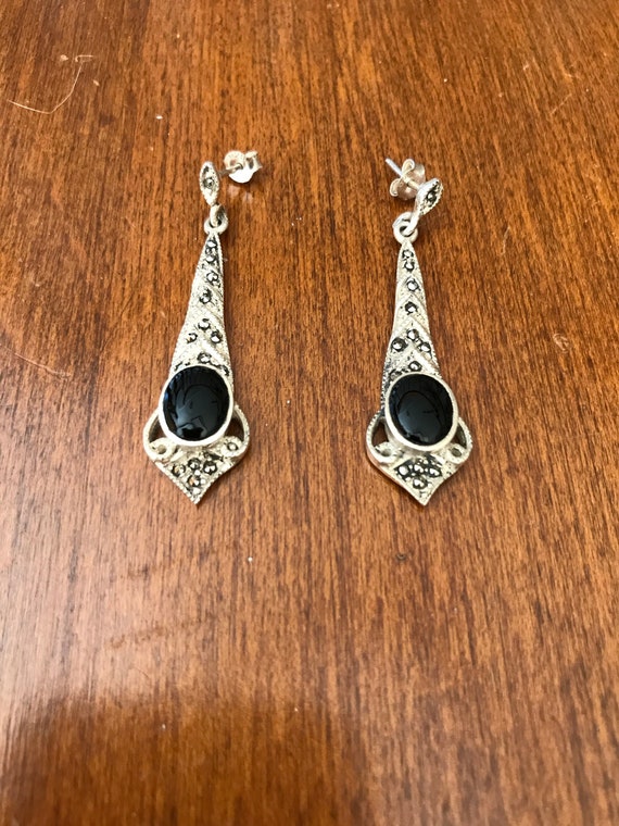 Art Deco Sterling Silver Onyx and Marcasite Dangl… - image 1