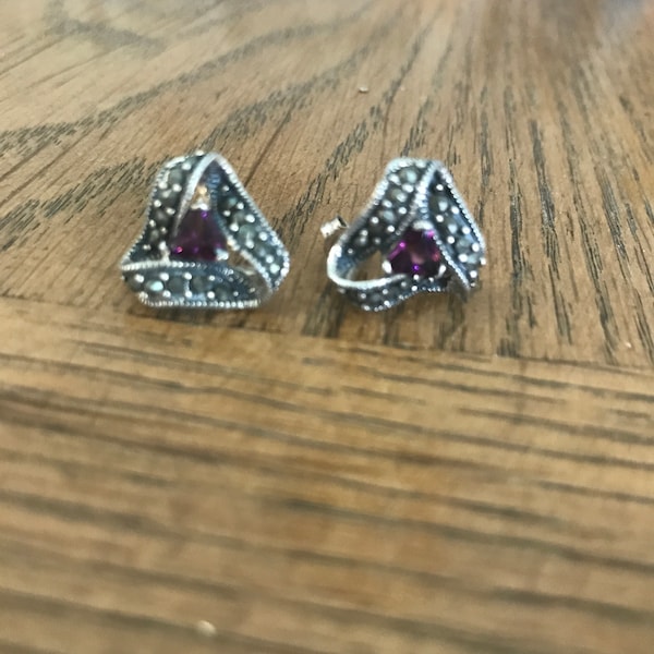 Sterling Silver Amethyst and Marcasite Stud Earrings