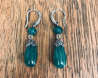 Sterling Silver and Green Stone Dangle Earrings