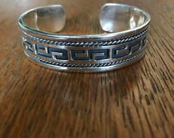 Sterling Silver Cuff Bracelet with Greek Key Design, 7”