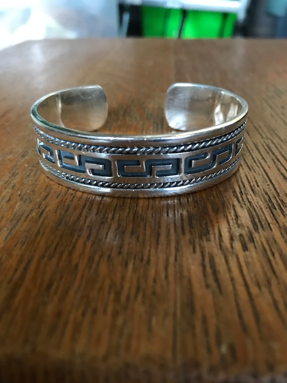Sterling Silver Cuff Bracelet with Greek Key Desi… - image 1