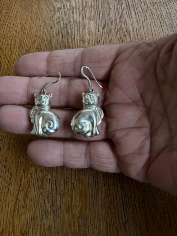 Sterling Silver Cat Dangling Earrings - image 3