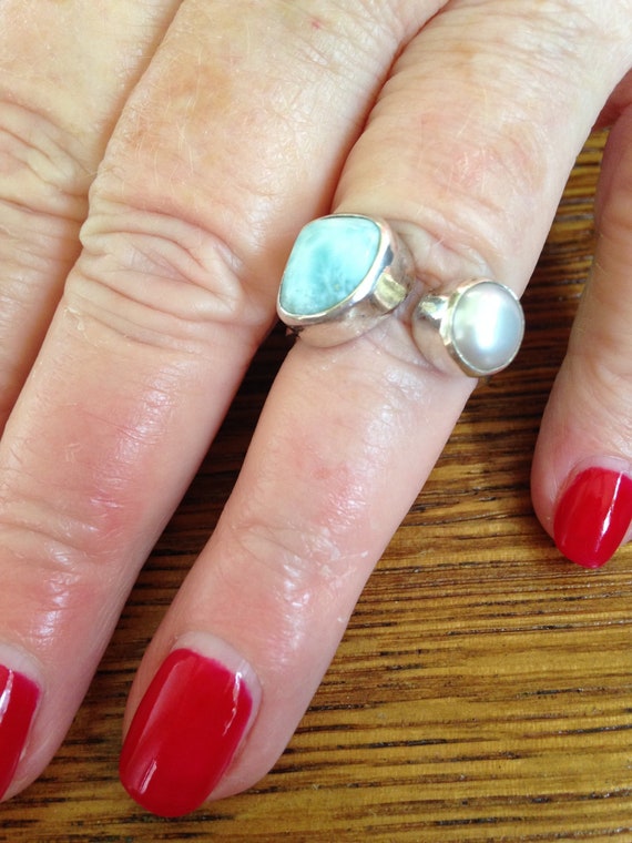 Larimar and Pearl Sterling Silver Ring