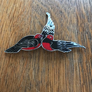 980 Fine Silver and Enamel Red and Black Birds Brooch, Lopez