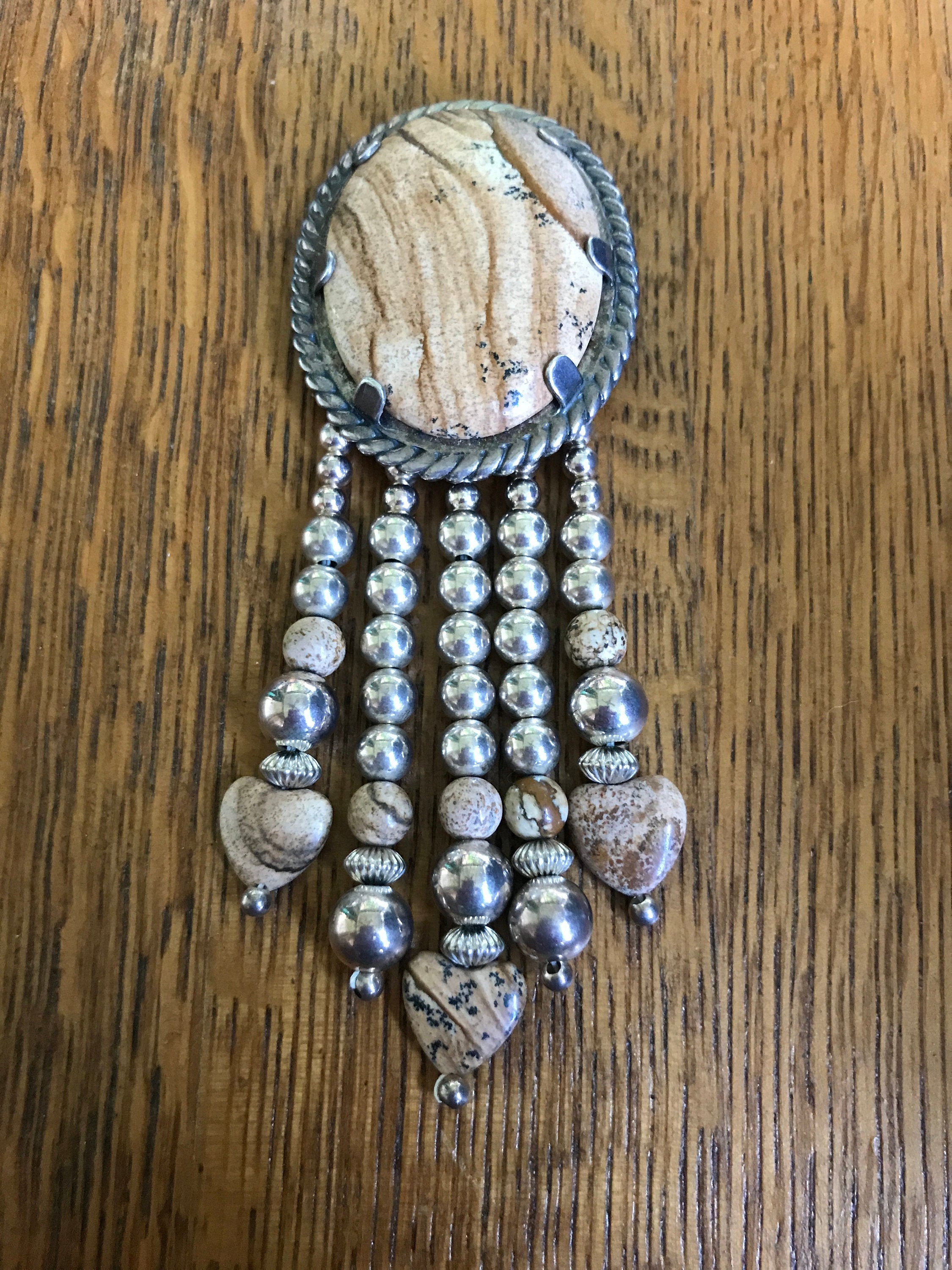 Carolyn Pollack Sterling Silver and Jasper Brooch with Beaded Fringe