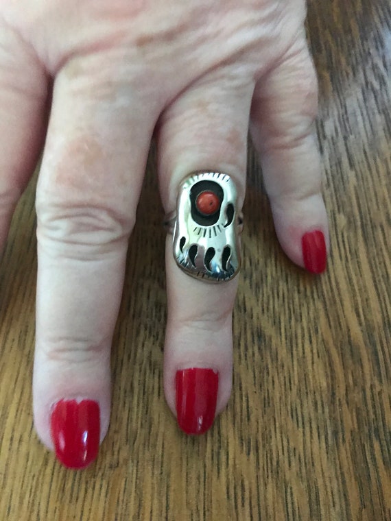 Zuni Sterling Silver and Red Coral Bear Claw Ring… - image 1