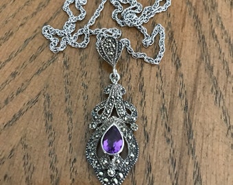 Silver Necklace with Marcasite and Amethyst with extender chain 42-46cm length Simple Elegant Woman's gift