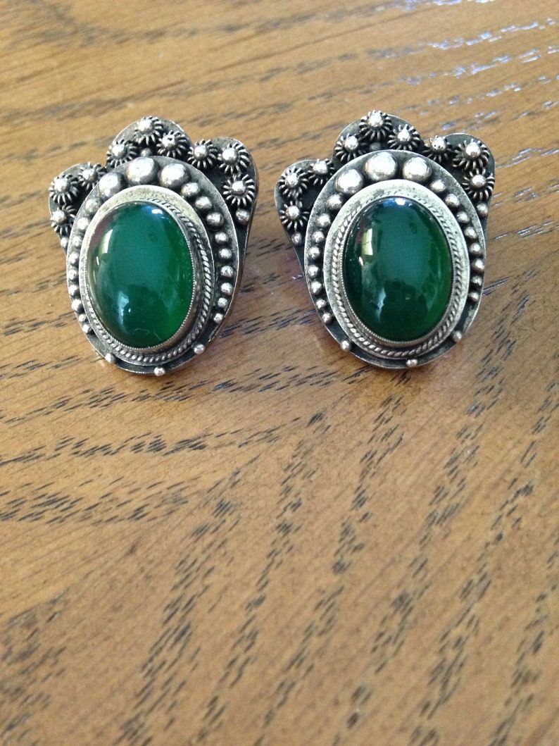Old Pawn Silver and Jade Clip Earrings