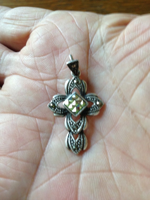 Sterling Silver and Marcasite Cross Pendant - image 3